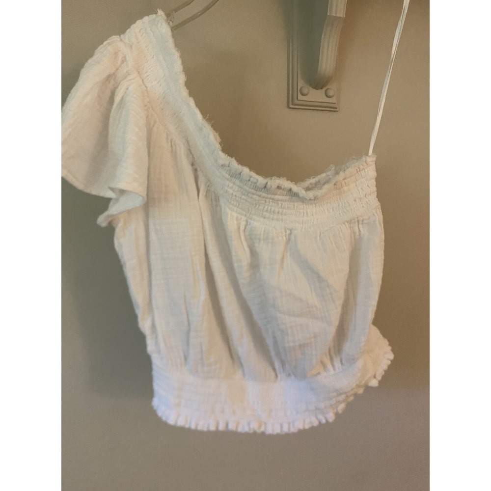 AERIE White Cotton Gauze One Shoulder Ruffle Crop Top L